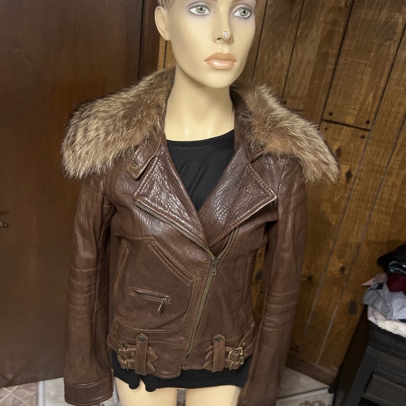 Auth. Dolce&Gabbana Brown Leather Jacket W/detachable Fur CollarS.6New No Tag